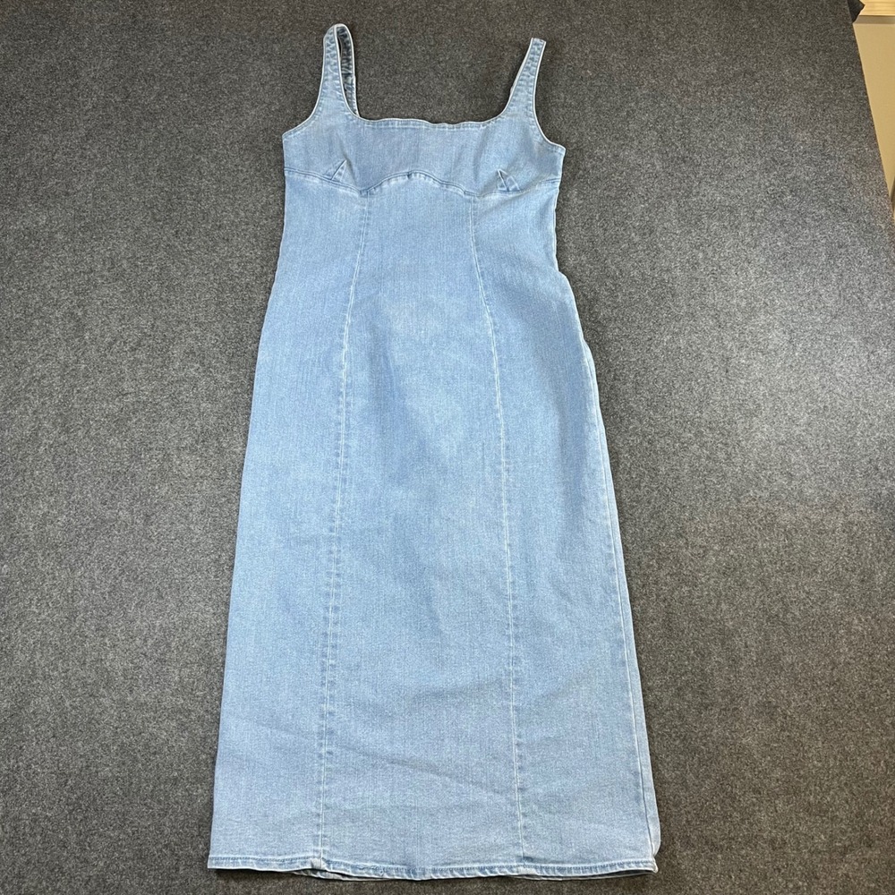 Love Tree Denim Light Wash Midi Dress Women Small Square Neck Zip Back Slit Blue